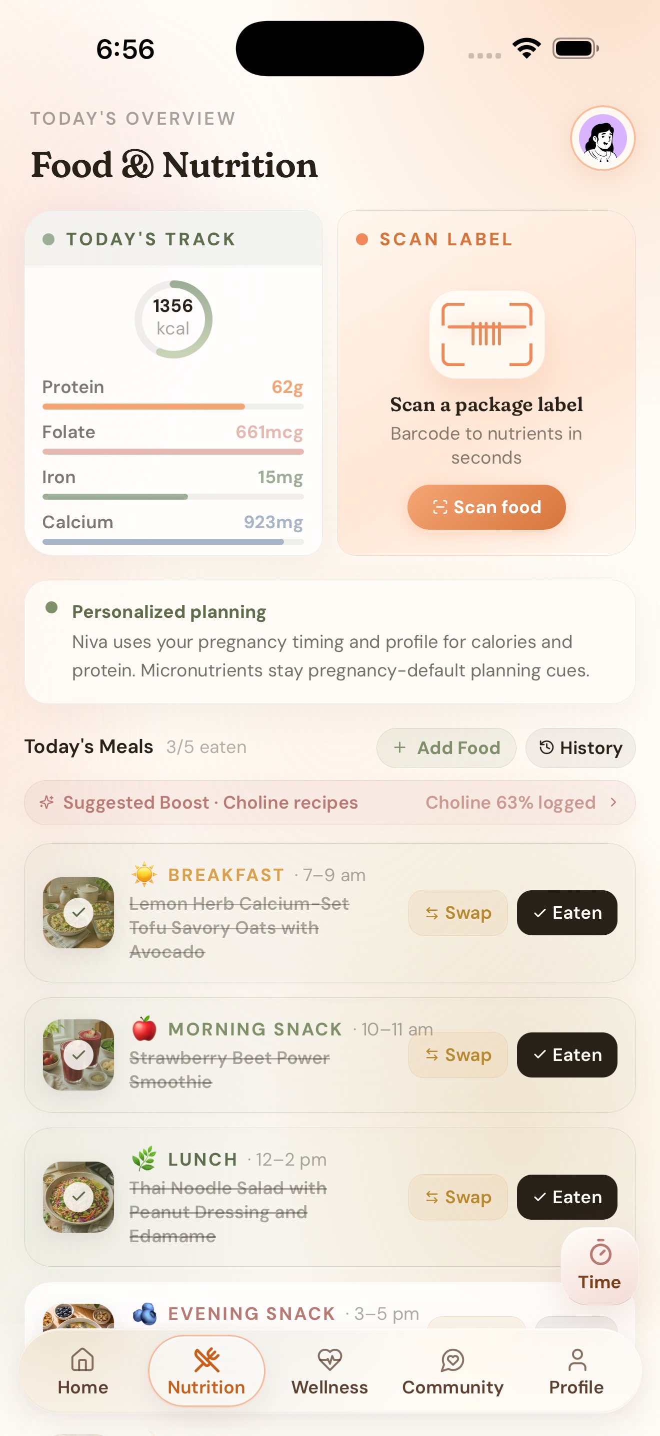 Niva iPhone nutrition screen with today's track, scan label, meal logging, and pregnancy-aware nutrient cues.