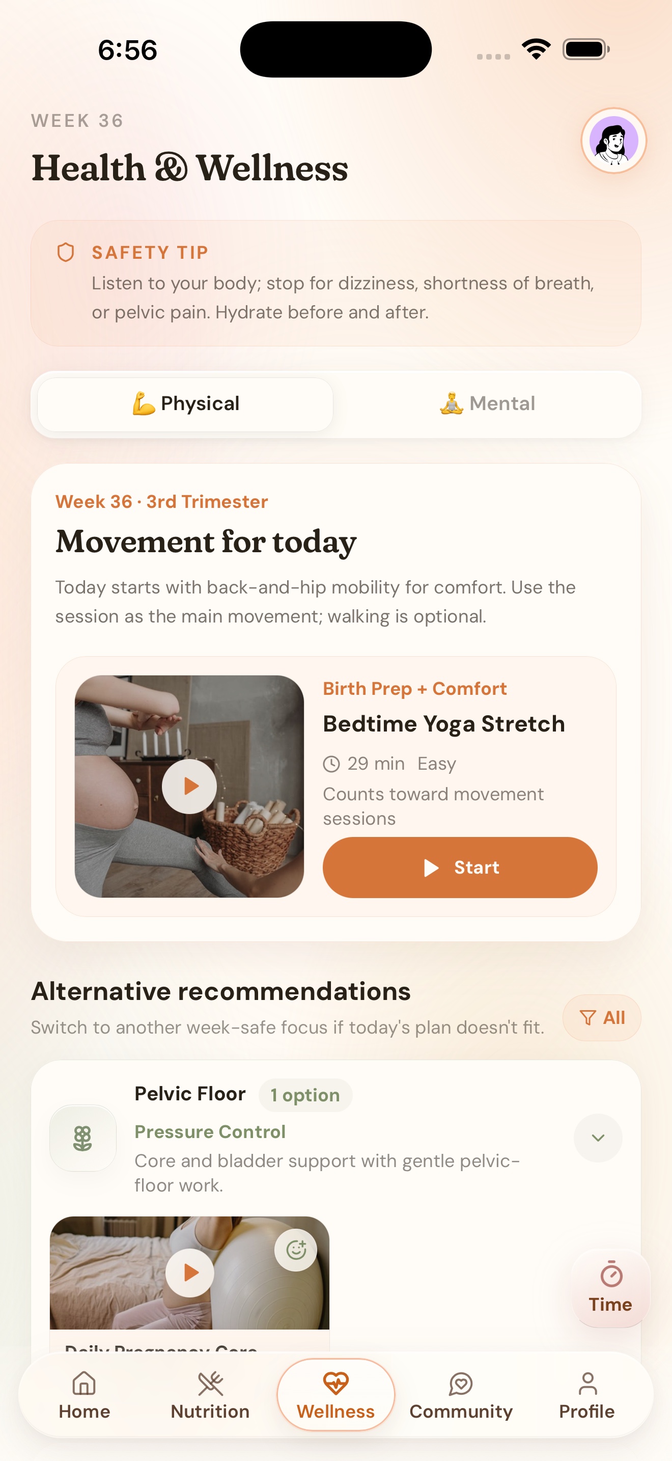 Niva iPhone physical wellness screen with a week 36 safety tip, movement session, and alternative recommendations.