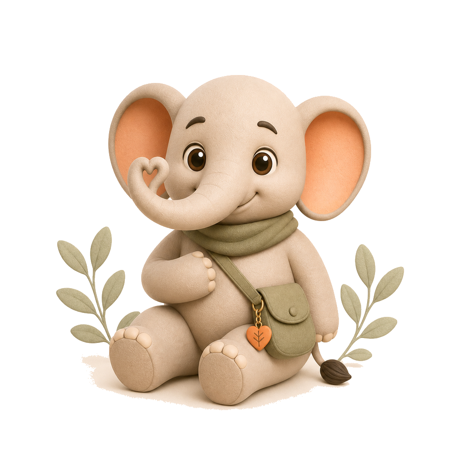 Nivi, Niva's calm elephant guide, sitting with a gentle heart-shaped trunk gesture